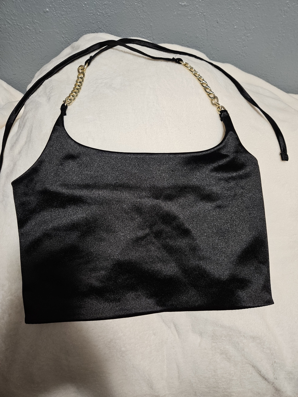 Black Satin Halter Crop Top with Gold Chain